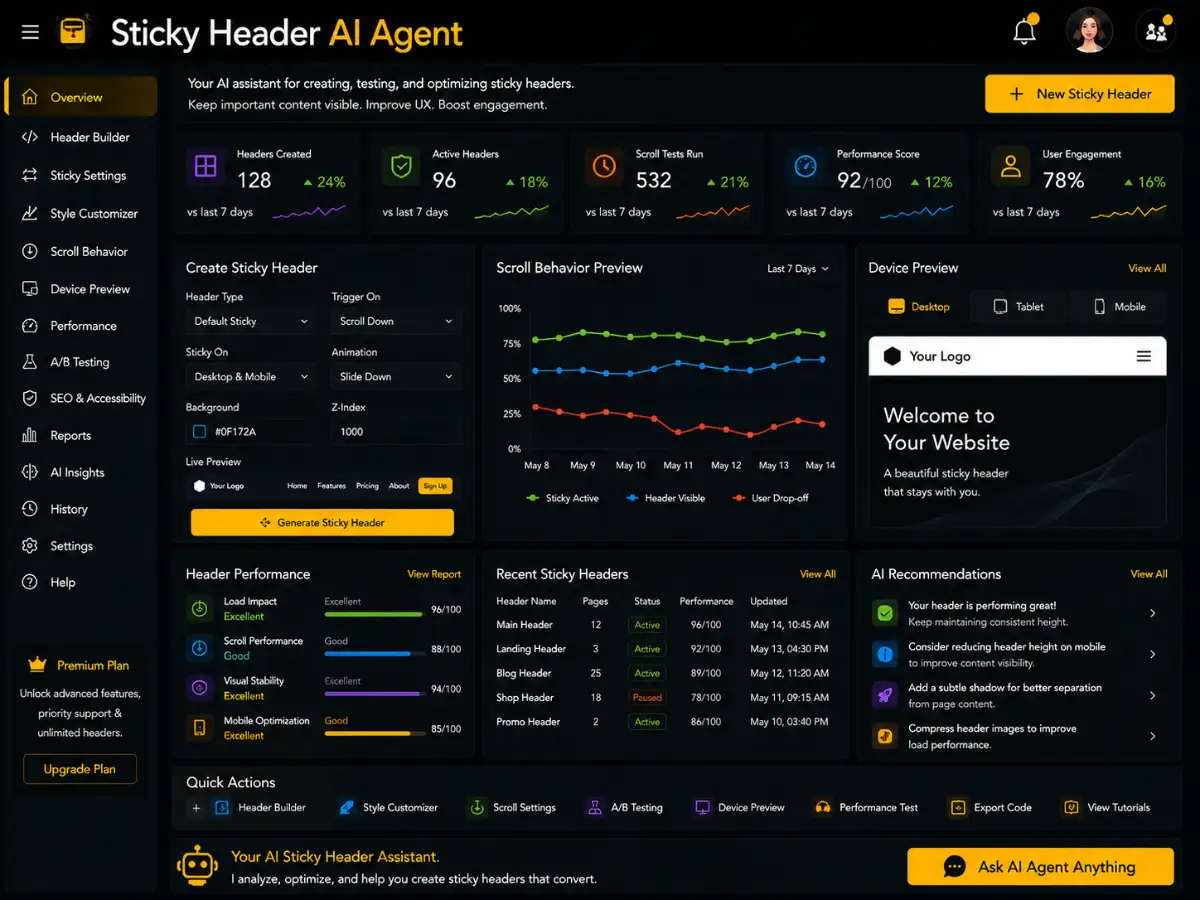 stickyheader.app AI sticky header agent — sticky header dashboard preview
